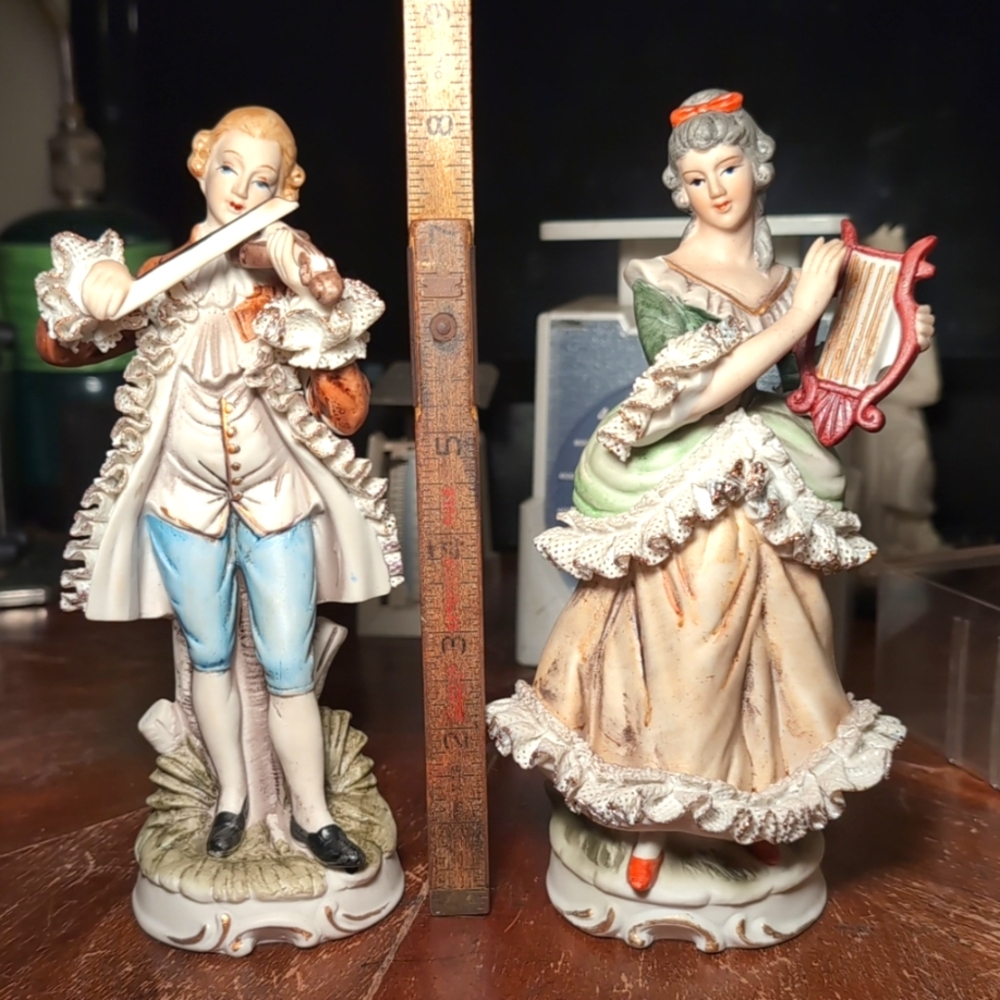 Vintage KPM German Porcelain Figurines Victorian Couple Play Music Violin Harp